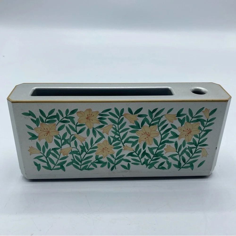Vintage Otagiri Lacquerware Desk Holder Paper and Pen Floral Japan Serenade 1989